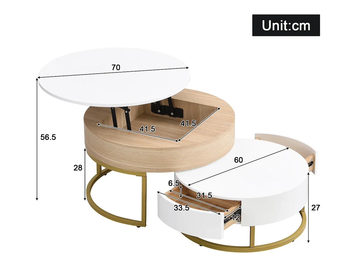 Juego de 2 mesas de centro nido con tapa elevable y cajones, cuerpo blanco y acabado madera, estructura de metal dorado.
