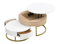 Juego de 2 mesas de centro nido con tapa elevable y cajones, cuerpo blanco y acabado madera, estructura de metal dorado.