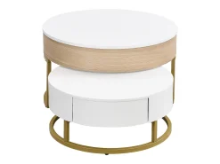 Juego de 2 mesas de centro nido con tapa elevable y cajones, cuerpo blanco y acabado madera, estructura de metal dorado.