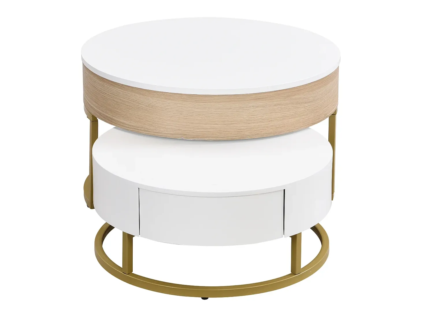 Juego de 2 mesas de centro nido con tapa elevable y cajones, cuerpo blanco y acabado madera, estructura de metal dorado.
