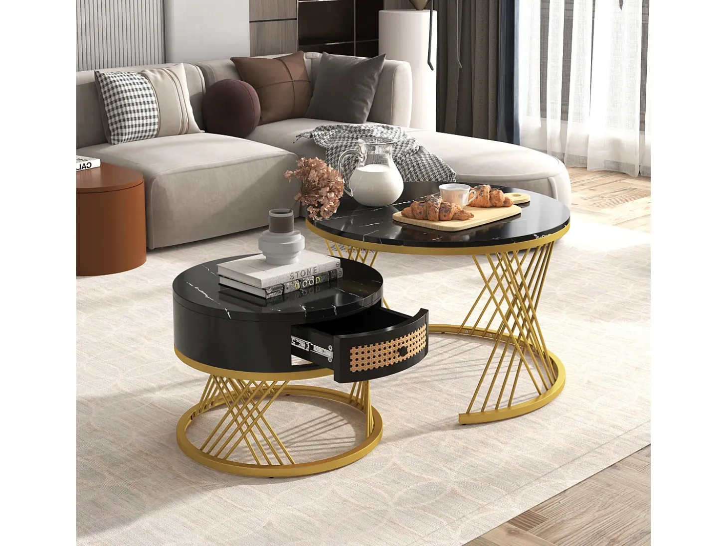 Juego de 2 mesas de centro nido 70x45,5 cm + 50 x38,5 cm - Negro y Dorado