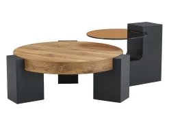 Juego de 2 mesas de centro - Mesas redondas imitación madera - Madera MDF + cristal - Color madera y negro