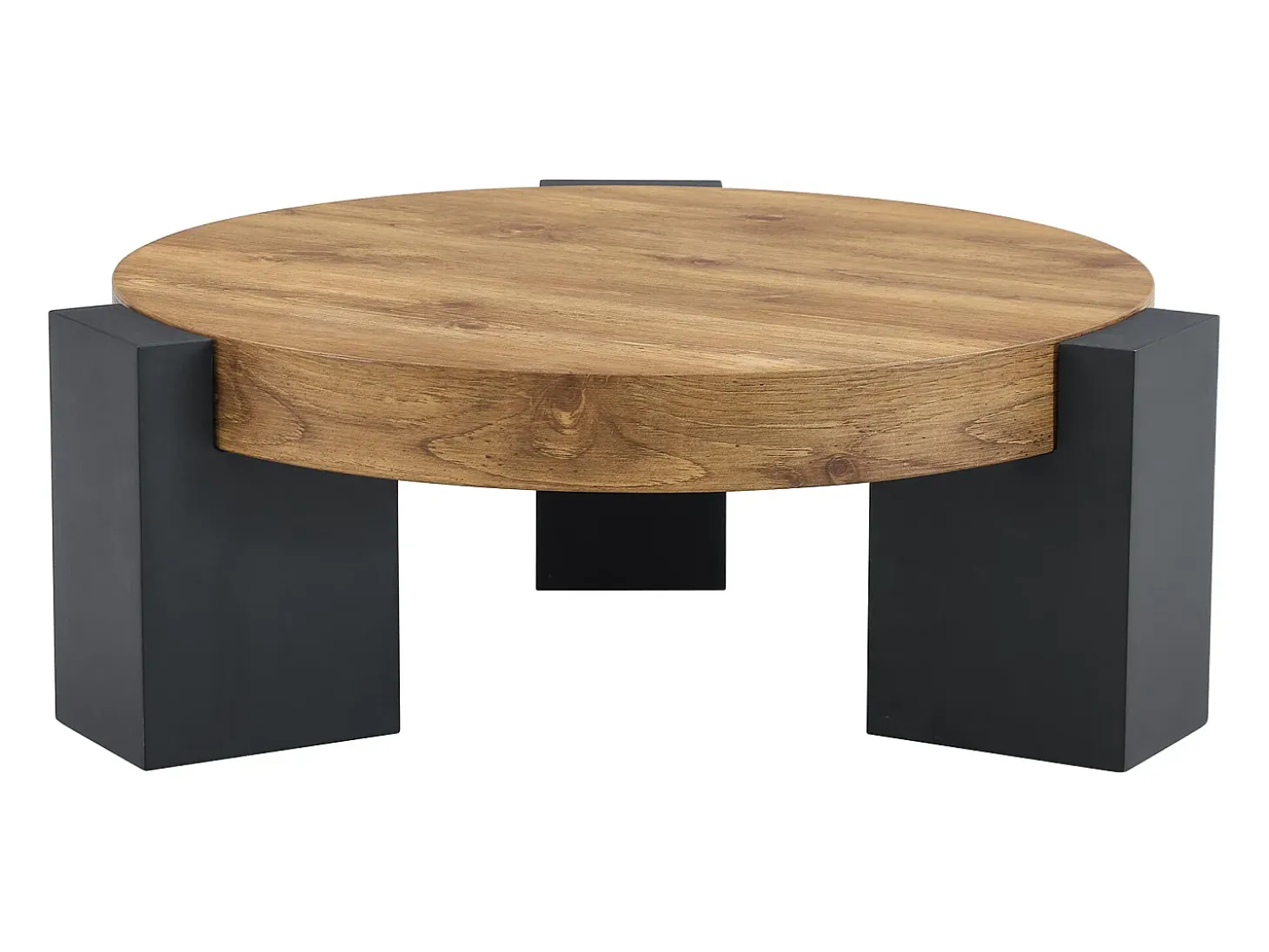 Juego de 2 mesas de centro - Mesas redondas imitación madera - Madera MDF + cristal - Color madera y negro