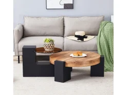 Juego de 2 mesas de centro - Mesas redondas imitación madera - Madera MDF + cristal - Color madera y negro