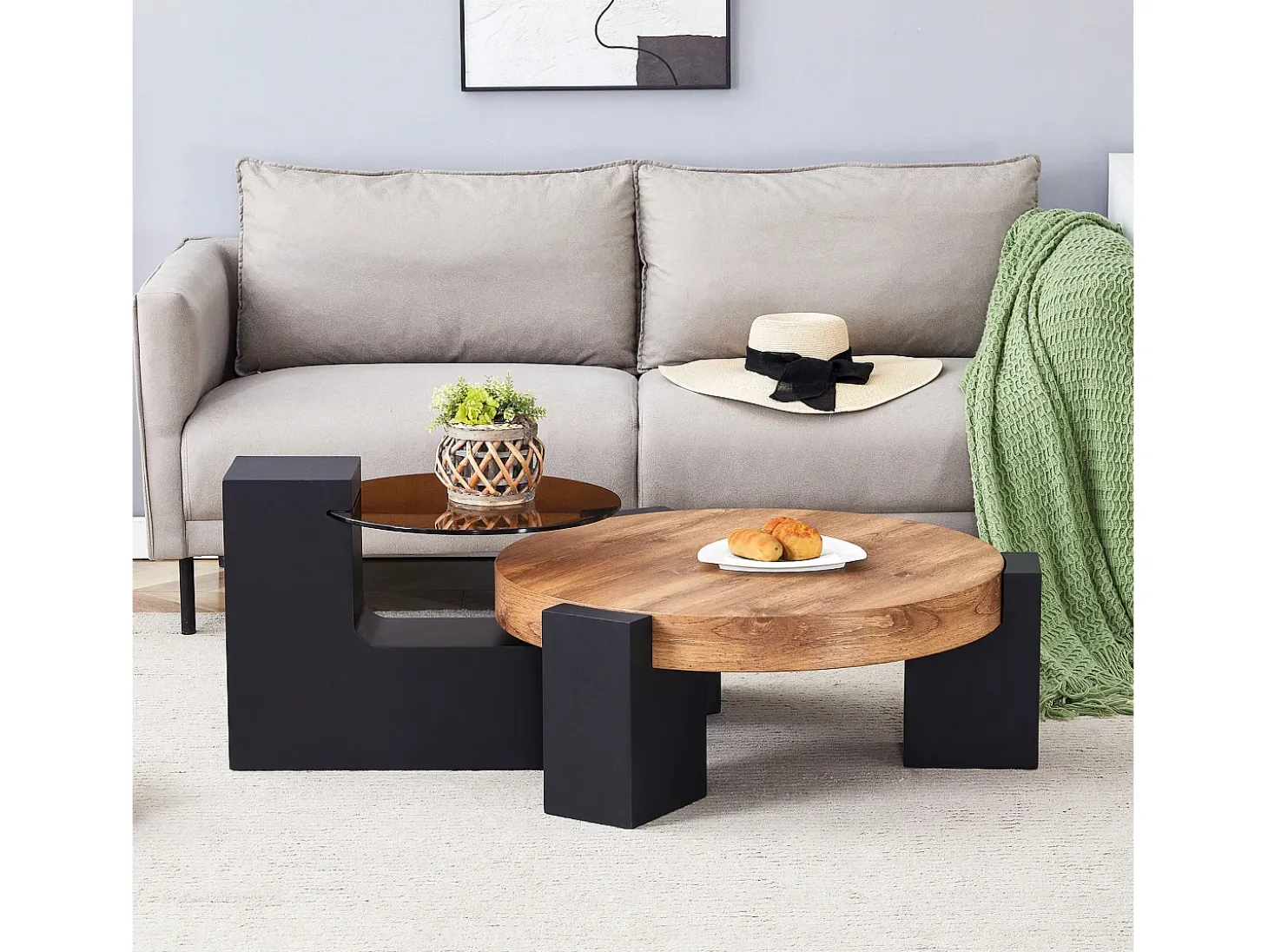 Juego de 2 mesas de centro - Mesas redondas imitación madera - Madera MDF + cristal - Color madera y negro