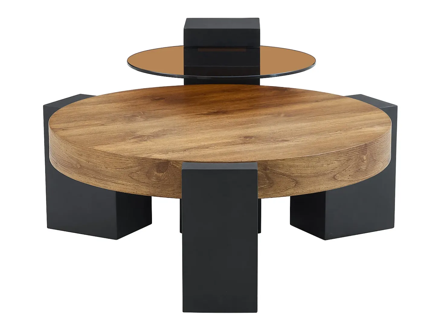 Juego de 2 mesas de centro - Mesas redondas imitación madera - Madera MDF + cristal - Color madera y negro