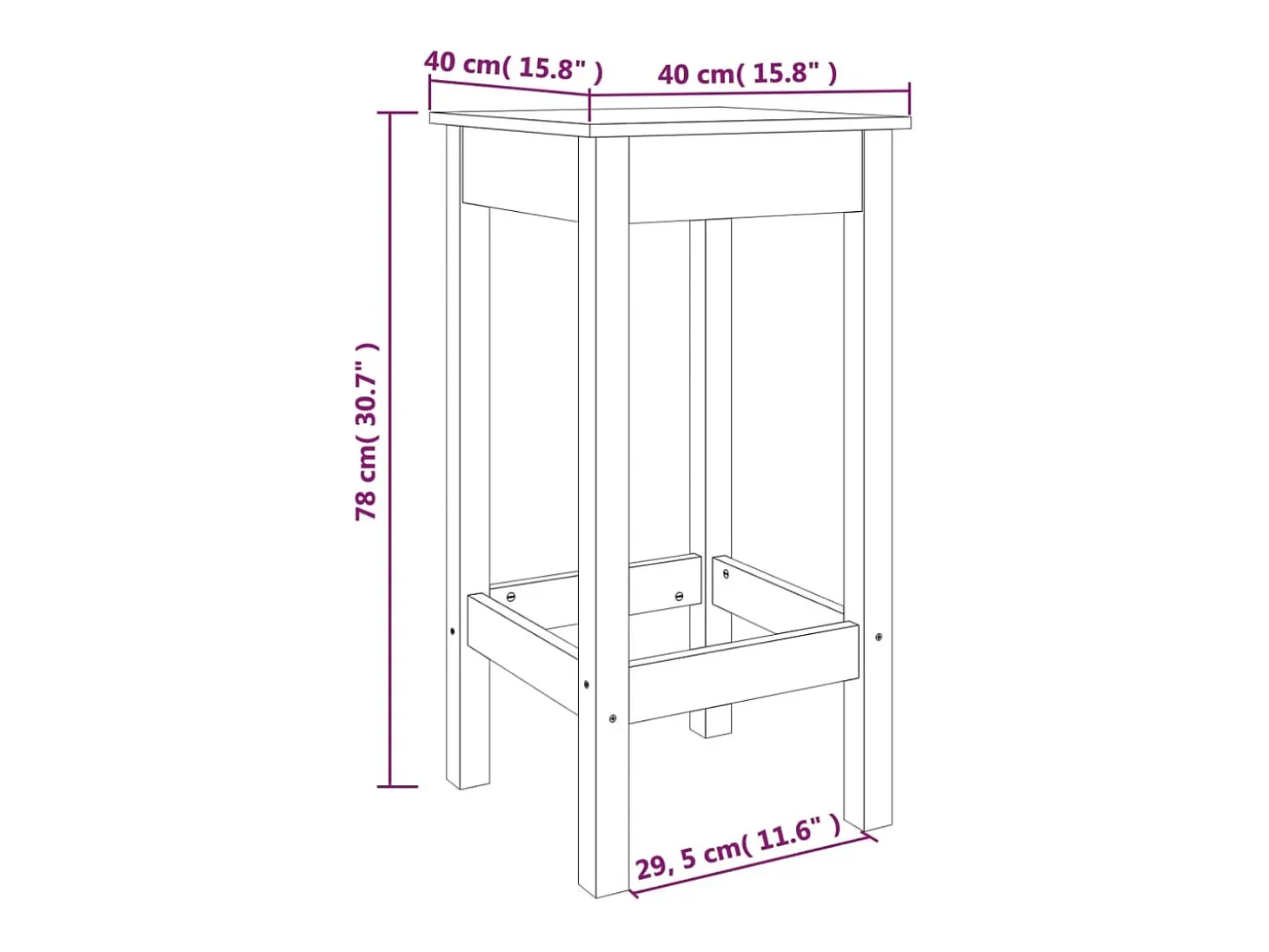 Juego de 2 sillas de bar negras 40x40x78 cm madera maciza de pino
