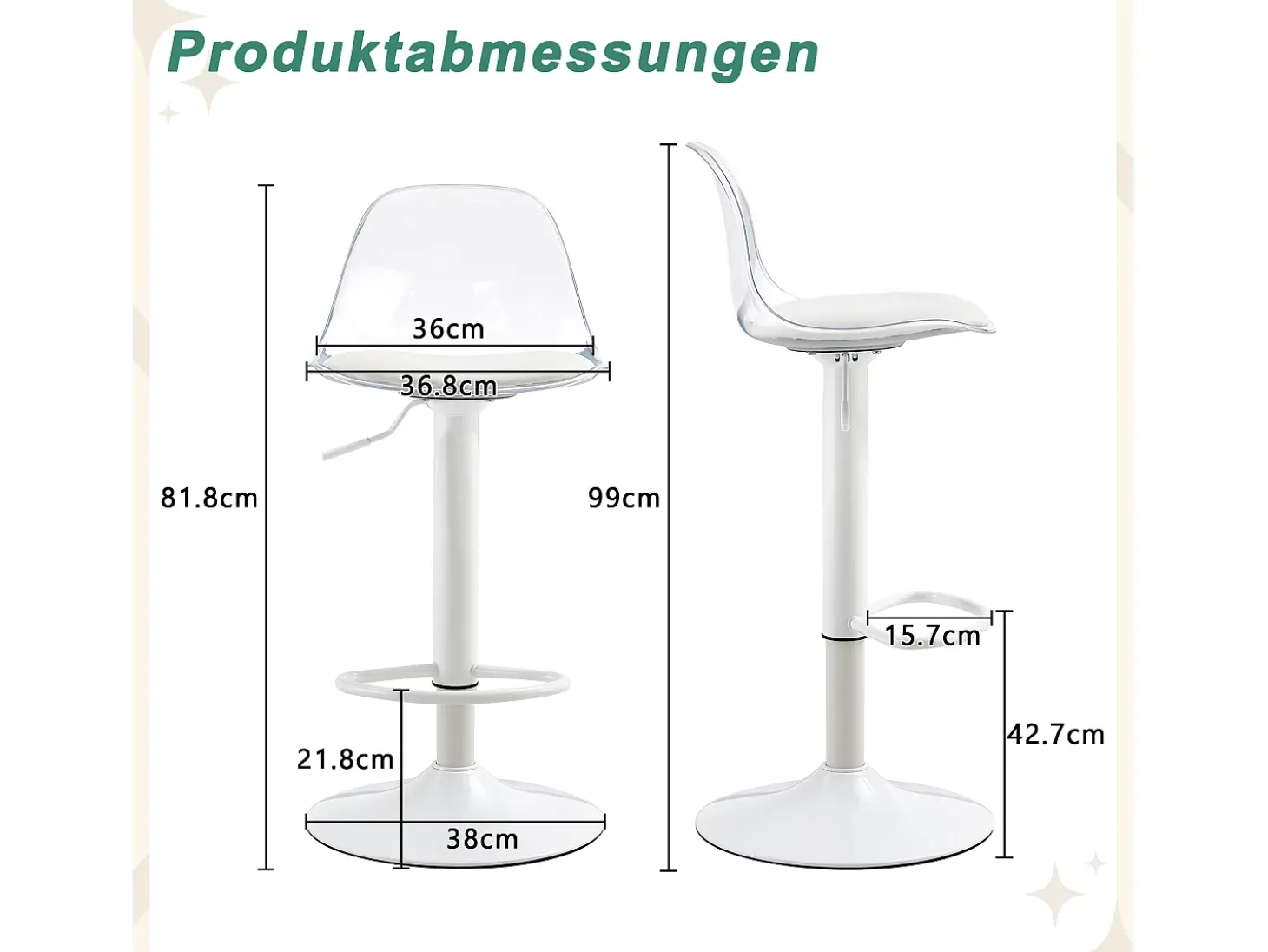 Juego de 2 taburetes de bar con respaldo transparente - Altura ajustable - Patas de metal blanco