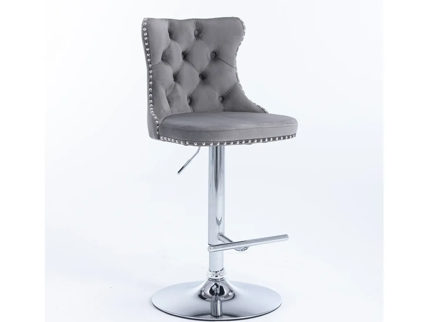 Juego de 2 taburetes de bar giratorios en terciopelo - Altura regulable de 63,5 a 84 cm - Gris y plata