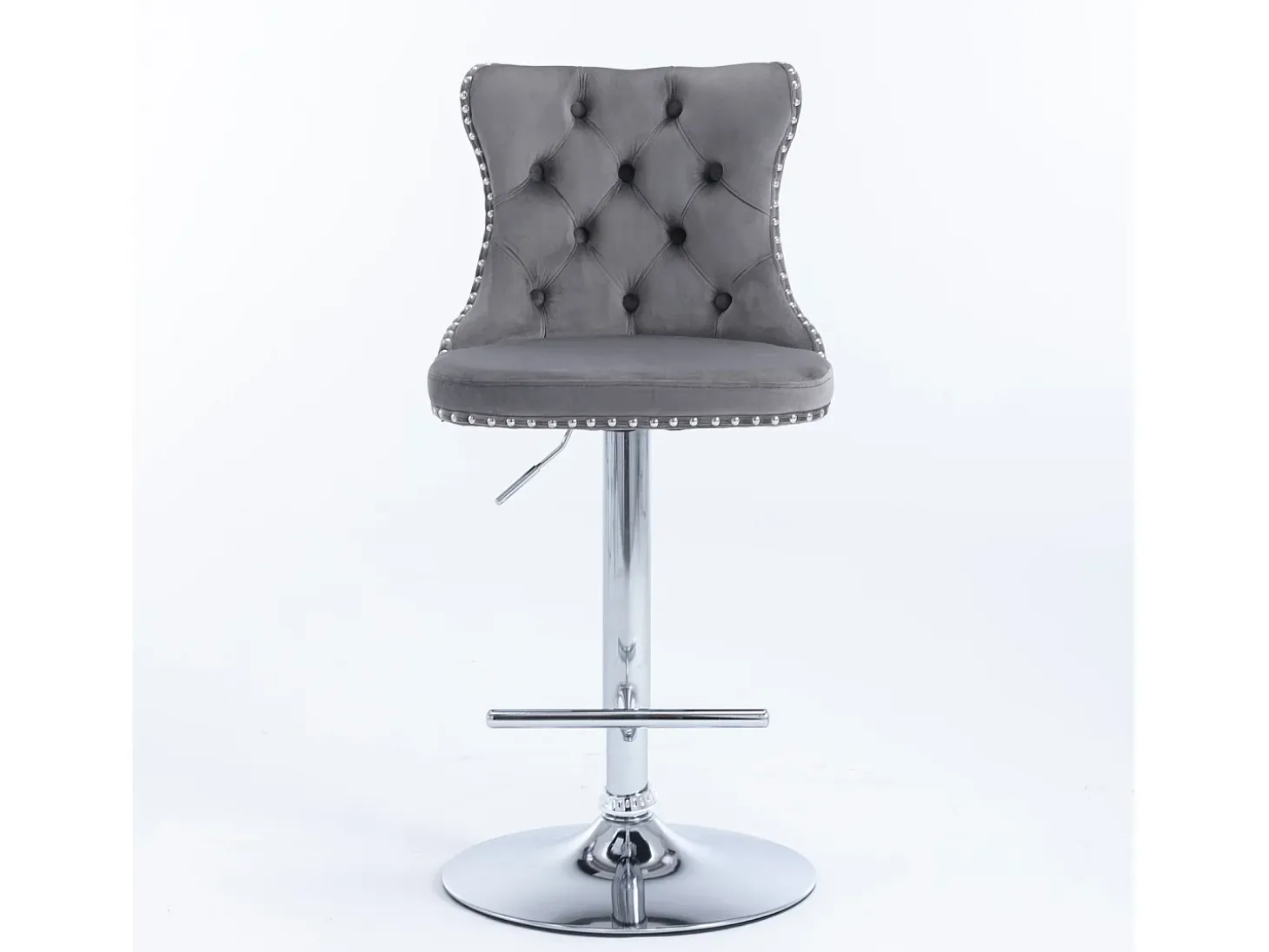 Juego de 2 taburetes de bar giratorios en terciopelo - Altura regulable de 63,5 a 84 cm - Gris y plata