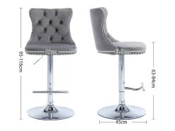 Juego de 2 taburetes de bar giratorios en terciopelo - Altura regulable de 63,5 a 84 cm - Gris y plata
