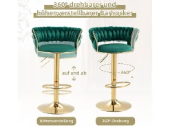 Juego de 2 taburetes de bar giratorios 360° y regulables en altura con reposapiés, terciopelo, verde y plateado