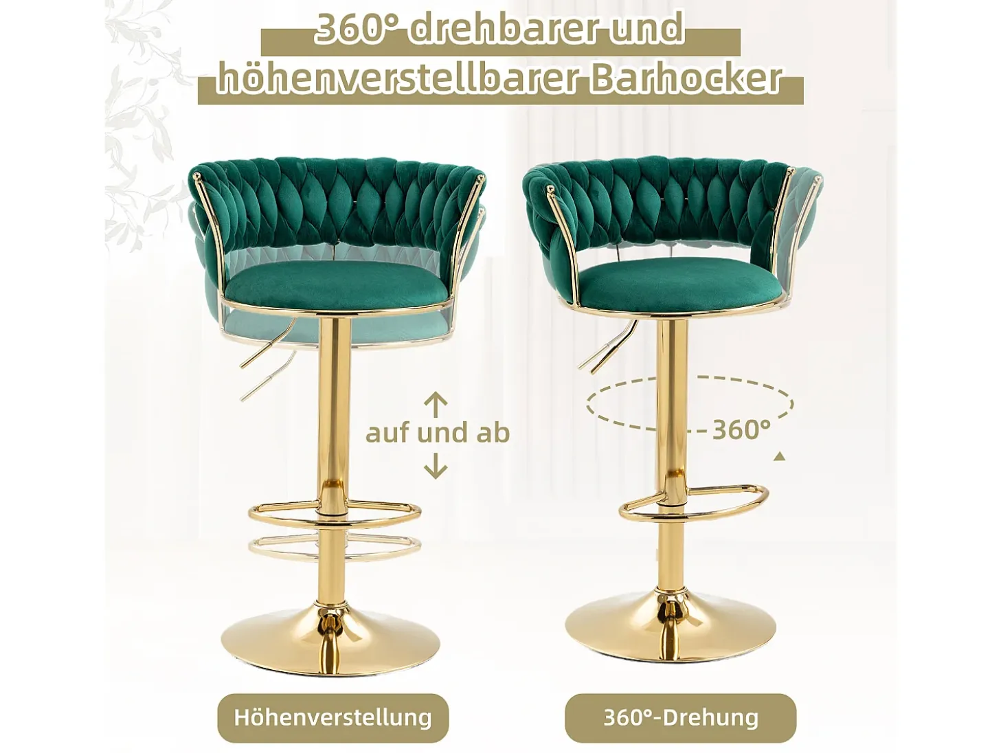Juego de 2 taburetes de bar giratorios 360° y regulables en altura con reposapiés, terciopelo, verde y plateado