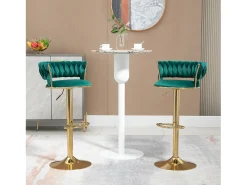 Juego de 2 taburetes de bar giratorios 360° y regulables en altura con reposapiés, terciopelo, verde y plateado