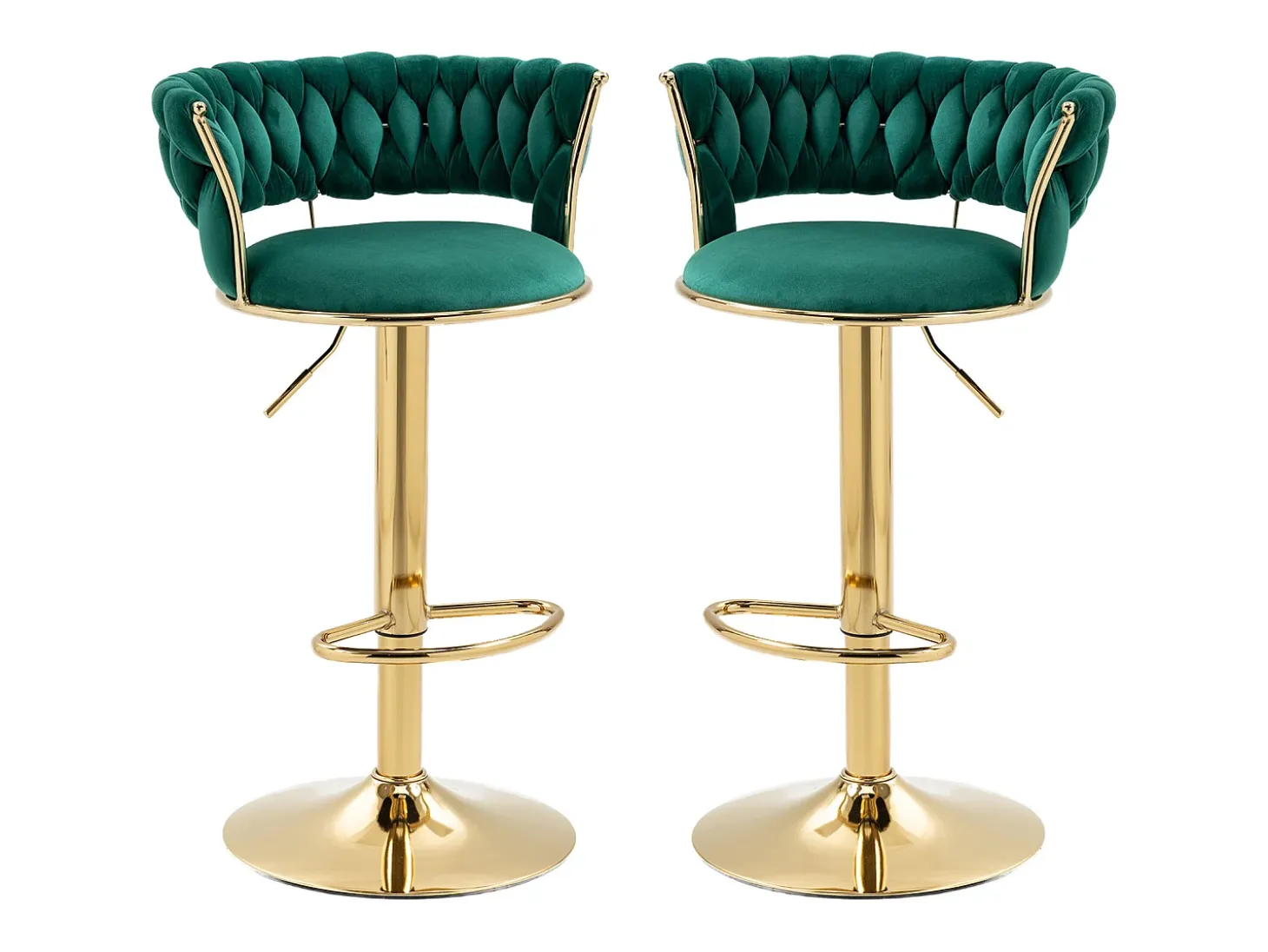 Juego de 2 taburetes de bar giratorios 360° y regulables en altura con reposapiés, terciopelo, verde y plateado