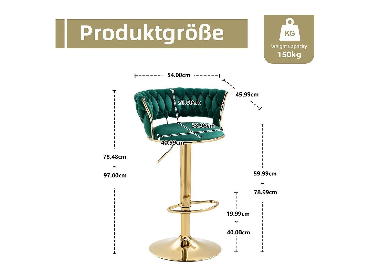 Juego de 2 taburetes de bar giratorios 360° y regulables en altura con reposapiés, terciopelo, verde y plateado