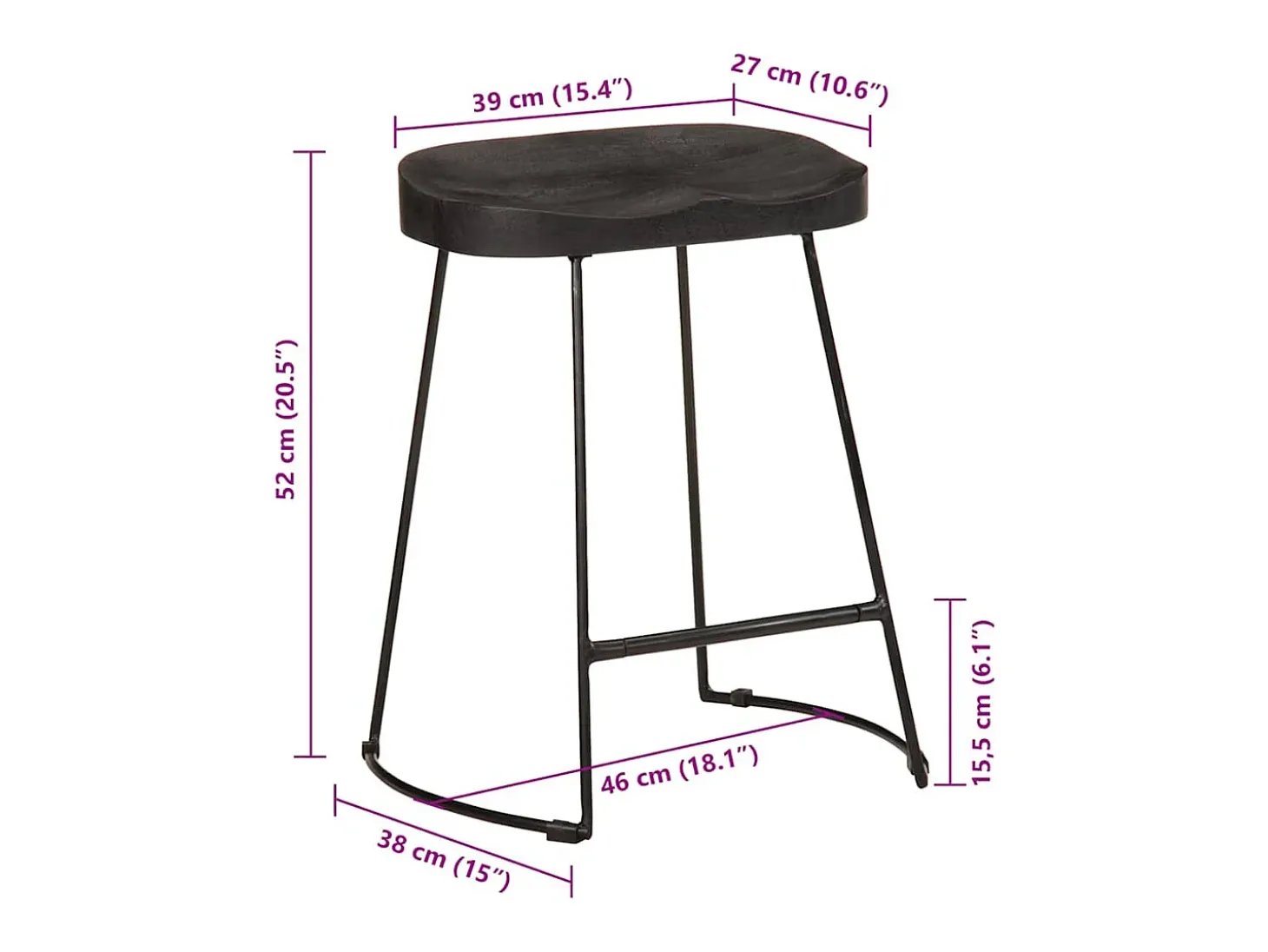 Juego de 2 taburetes de bar negros 46x38x52 cm madera maciza de mango