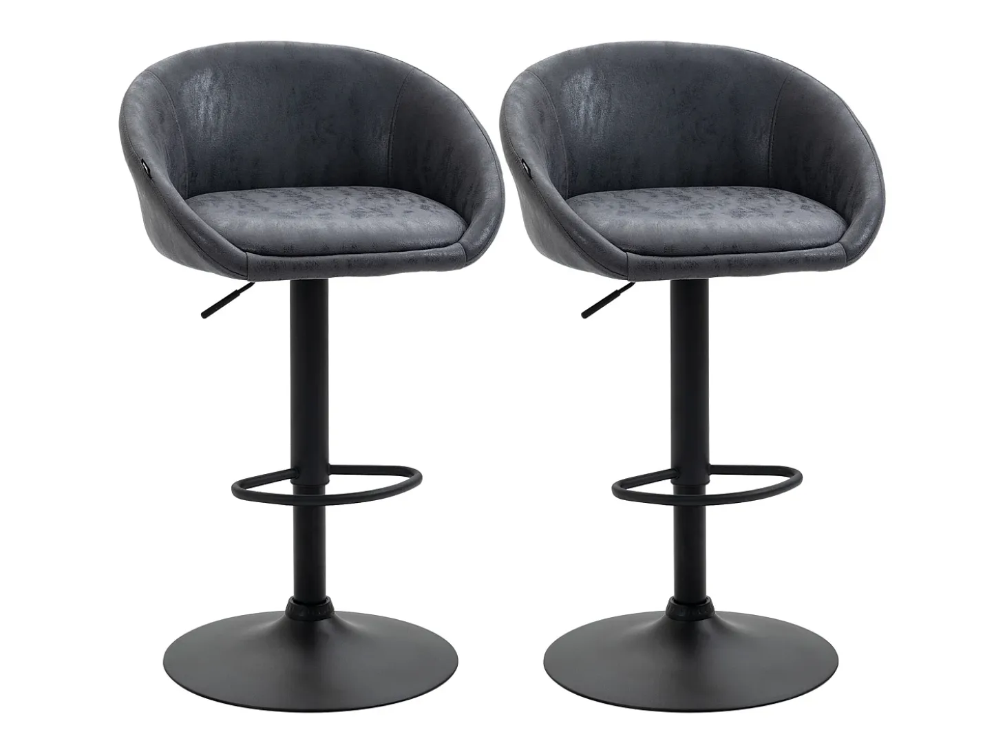 Juego de 2 taburetes de bar, sillas de bar regulables en altura con reposabrazos y respaldo, piel sintética, gris, con reposapiés