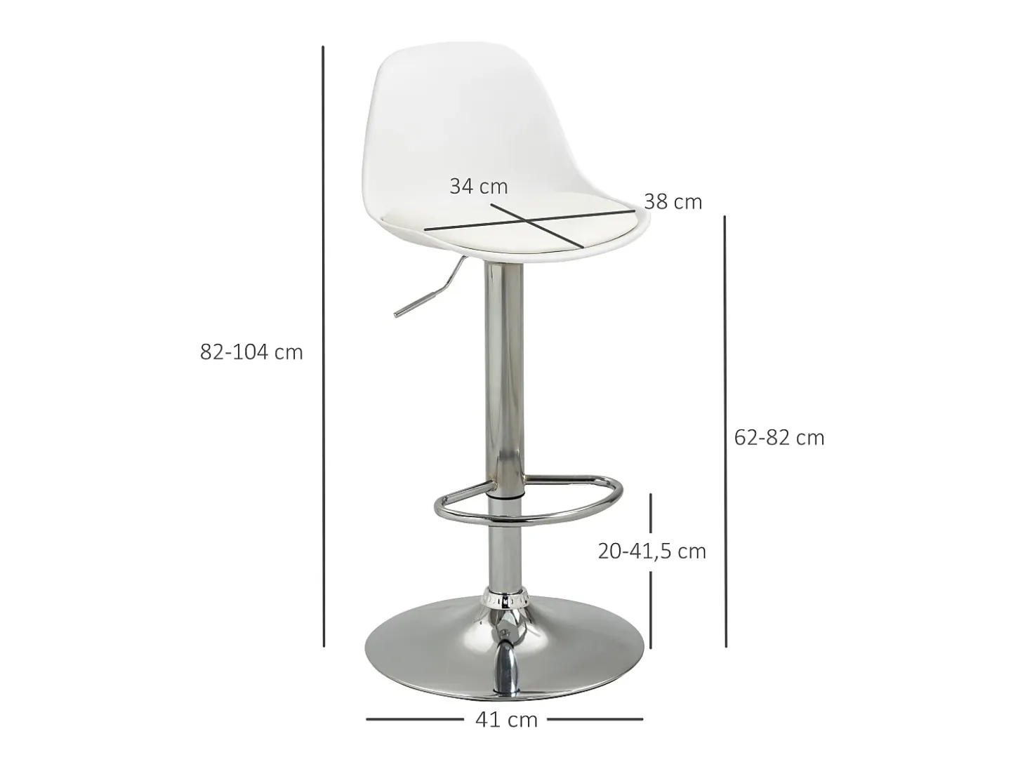 Juego de 2 taburetes de bar giratorios en piel sintética blanca, altura regulable, patas de metal plateado.