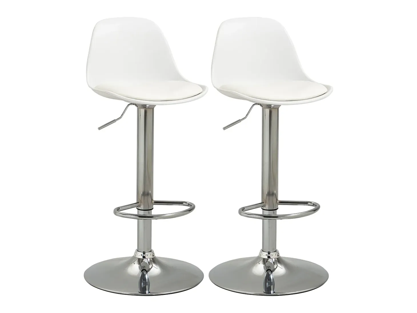 Juego de 2 taburetes de bar giratorios en piel sintética blanca, altura regulable, patas de metal plateado.