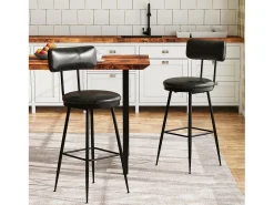 Juego de 2 taburetes de bar - Sillas altas de cocina - Taburetes de bar con reposapiés y respaldo - Para comedor y cocina - Piel sintética - Negro