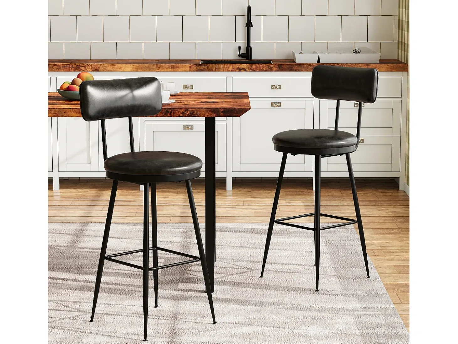 Juego de 2 taburetes de bar - Sillas altas de cocina - Taburetes de bar con reposapiés y respaldo - Para comedor y cocina - Piel sintética - Negro