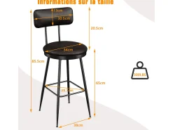 Juego de 2 taburetes de bar - Sillas altas de cocina - Taburetes de bar con reposapiés y respaldo - Para comedor y cocina - Piel sintética - Negro