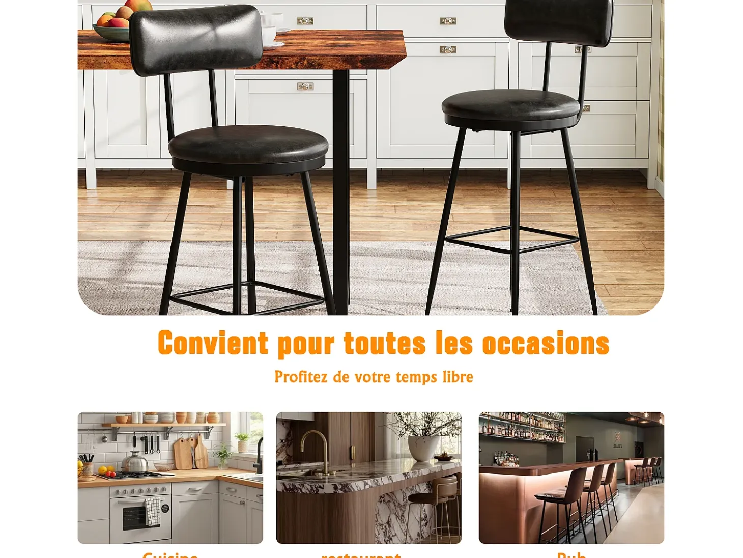 Juego de 2 taburetes de bar - Sillas altas de cocina - Taburetes de bar con reposapiés y respaldo - Para comedor y cocina - Piel sintética - Negro
