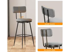 Juego de 2 taburetes de bar, silla alta de cocina con reposapiés y respaldo, para comedor y cocina, piel sintética, color gris