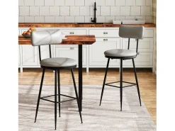 Juego de 2 taburetes de bar, silla alta de cocina con reposapiés y respaldo, para comedor y cocina, piel sintética, color gris