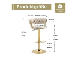 Juego de 2 taburetes de bar giratorios 360° y regulables en altura con reposapiés, terciopelo, beige y plata