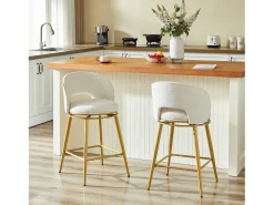 Juego de 2 taburetes de bar giratorios en tejido de chenilla beige - Estructura de metal dorado