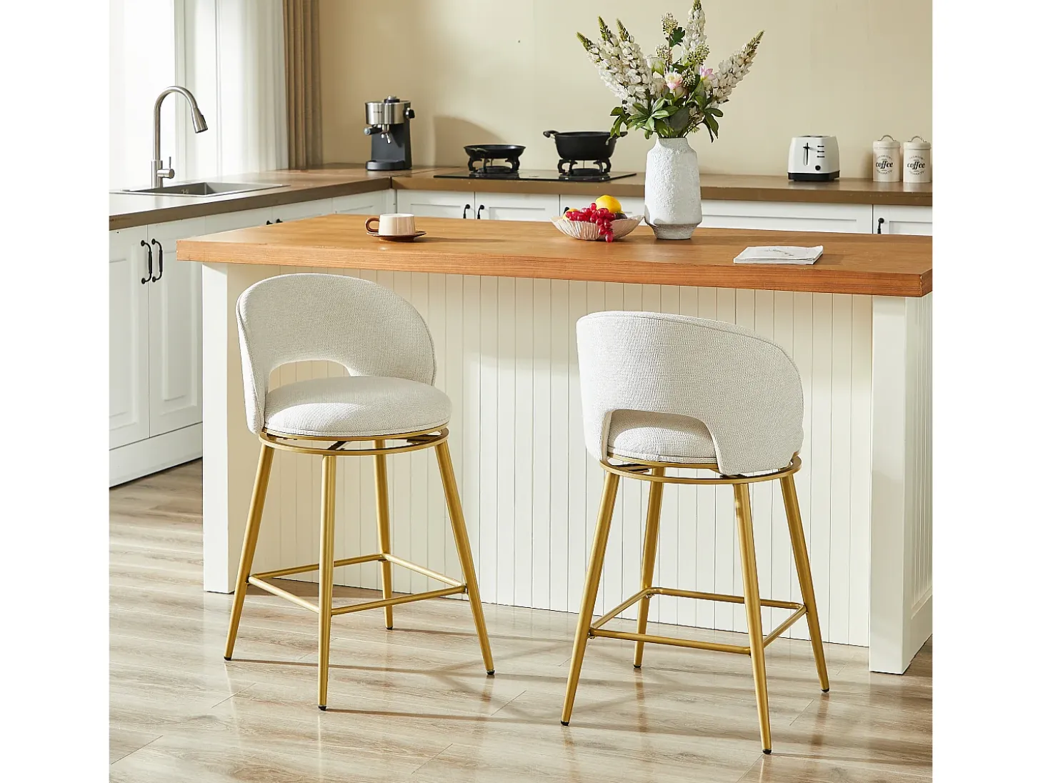 Juego de 2 taburetes de bar giratorios en tejido de chenilla beige - Estructura de metal dorado