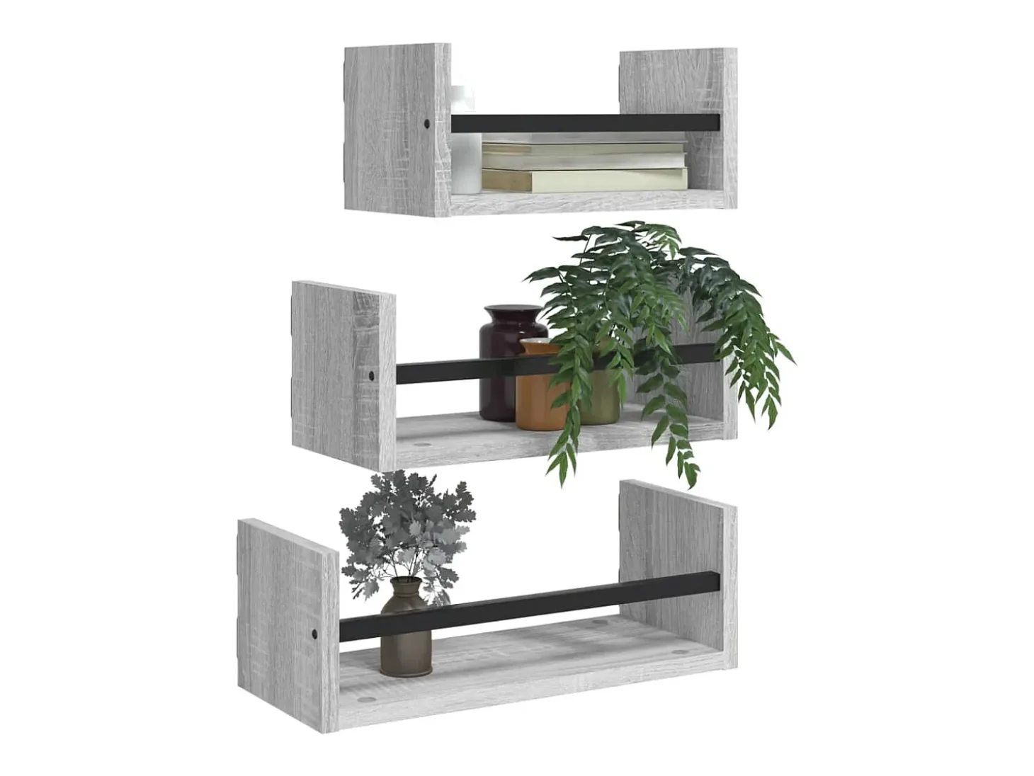 Juego de estantes de pared de 3 piezas con barras en gris Sonoma
