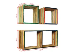 Juego de estantes de pared de 3 piezas, teca maciza reciclada, multicolor