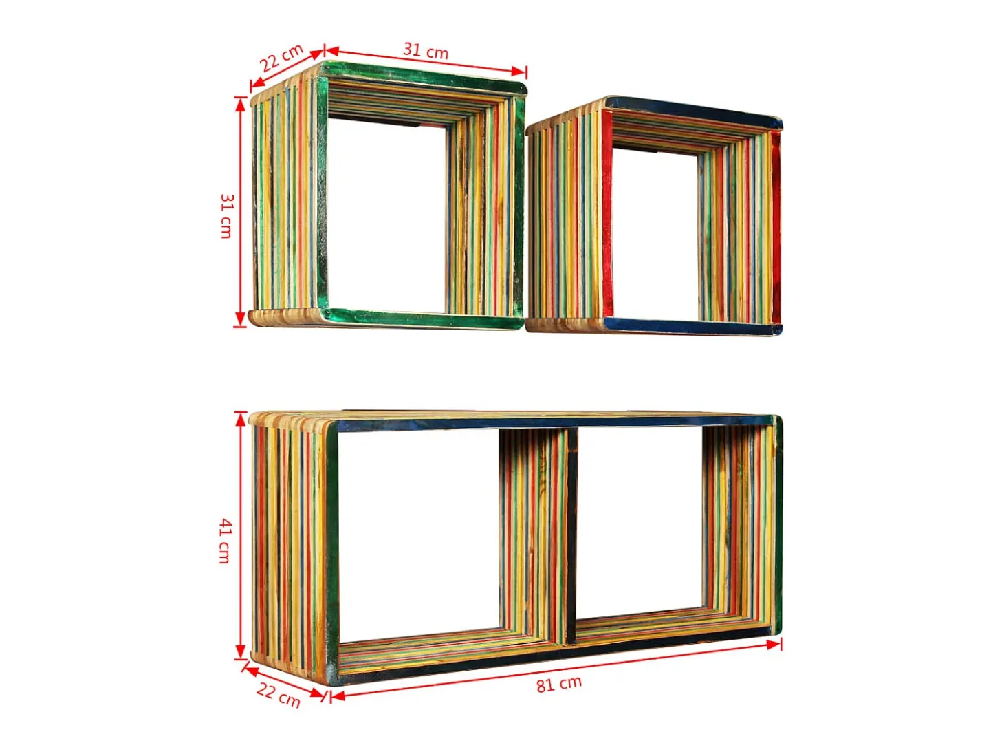 Juego de estantes de pared de 3 piezas, teca maciza reciclada, multicolor