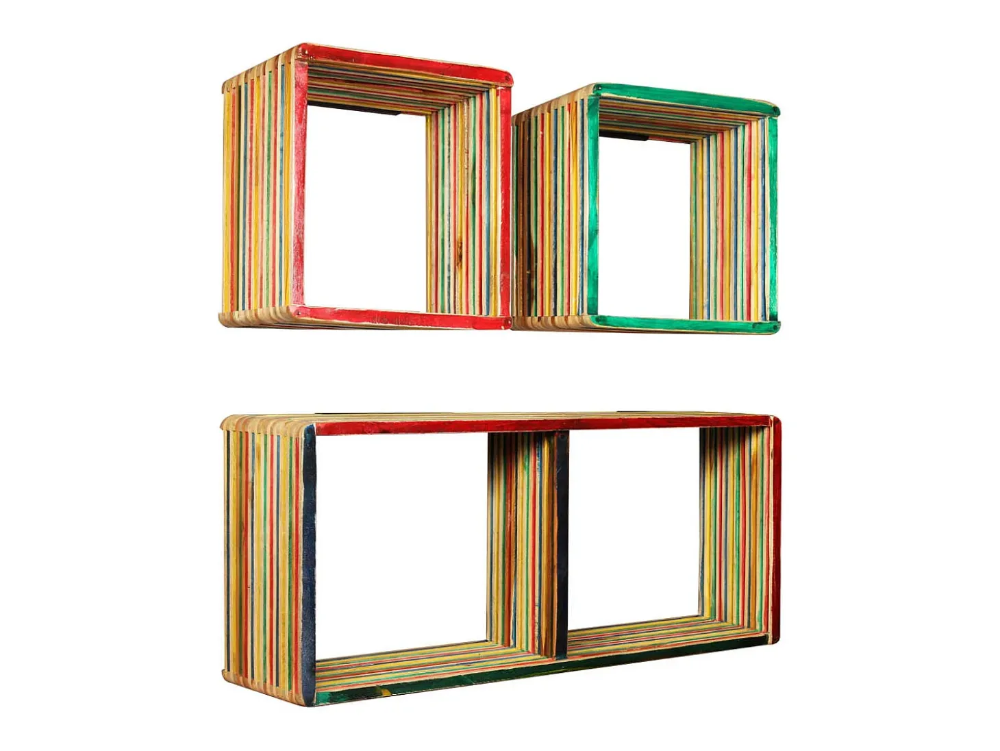 Juego de estantes de pared de 3 piezas, teca maciza reciclada, multicolor