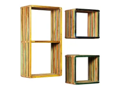 Juego de estantes de pared de 3 piezas, teca maciza reciclada, multicolor