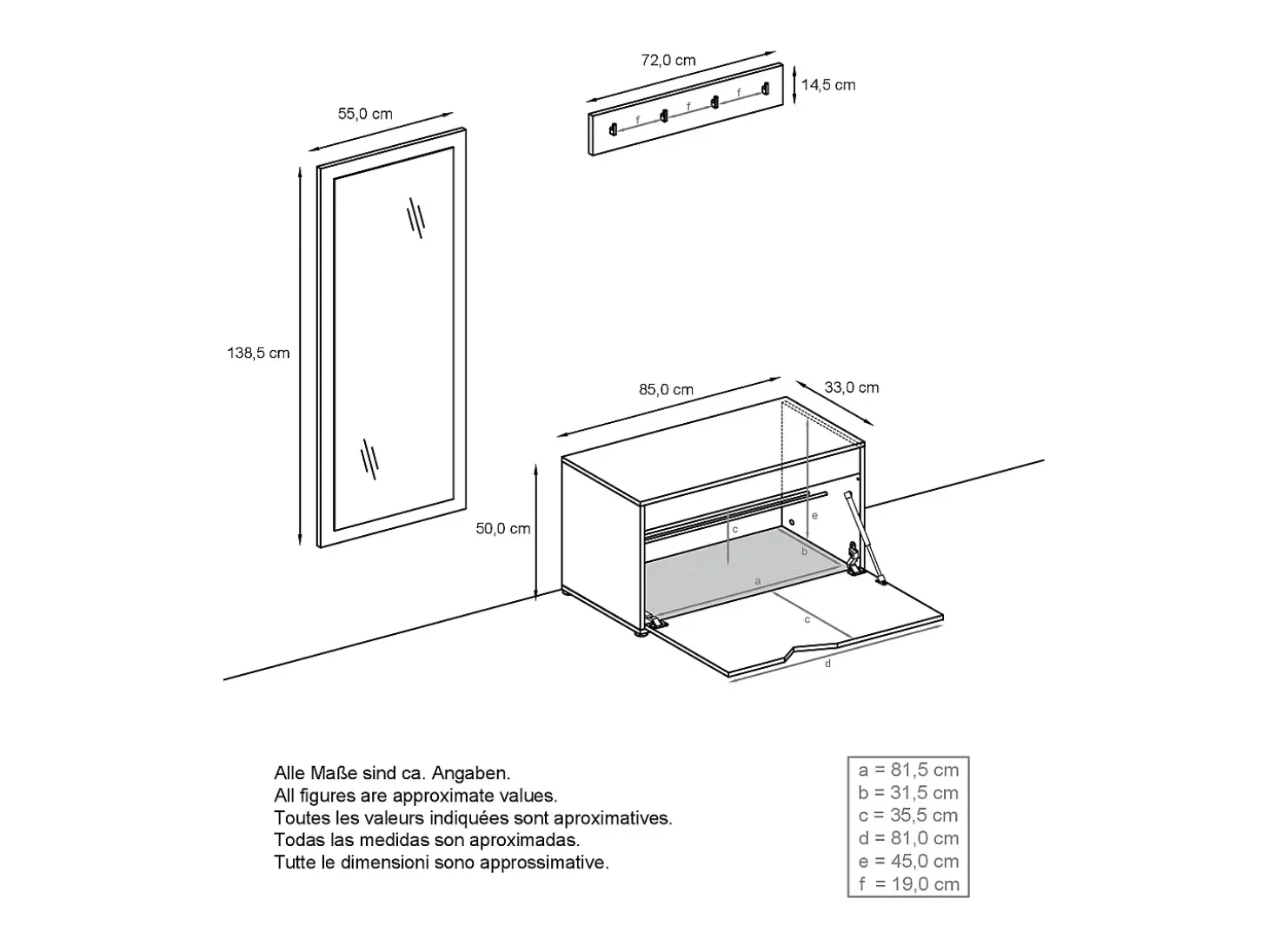 Juego de Guardarropa Hanko: Incluye 1 Banco para Zapatos, 1 Perchero y 1 Espejo de Pared, blanco mate/blanco de alto brillo