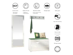 Juego de Guardarropa Hanko: Incluye 1 Banco para Zapatos, 1 Perchero y 1 Espejo de Pared, blanco mate/gris de alto brillo
