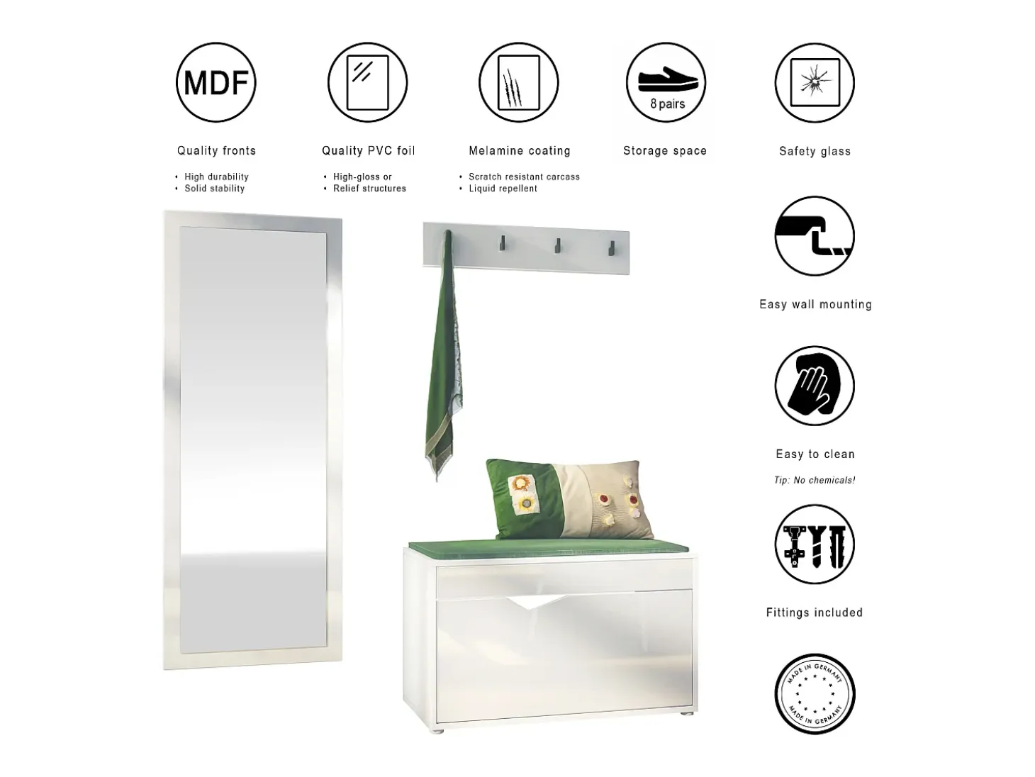 Juego de Guardarropa Hanko: Incluye 1 Banco para Zapatos, 1 Perchero y 1 Espejo de Pared, blanco mate/hormigón oxidado