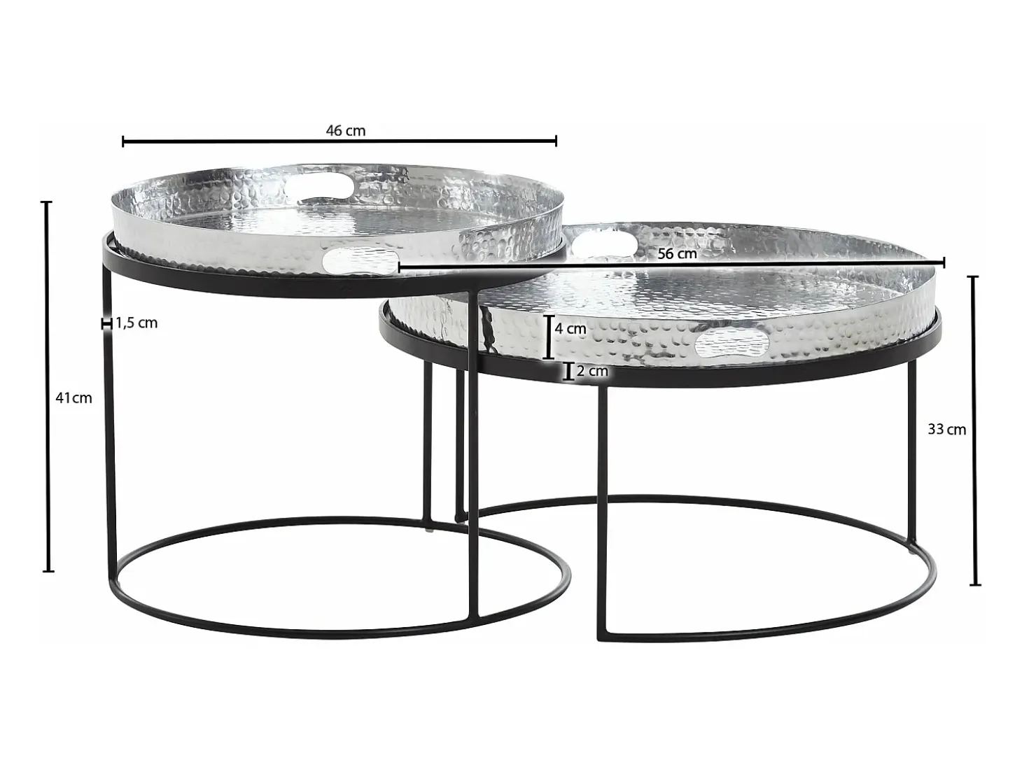 juego de mesa de centro de 2 plata / metal negro acabado martillado mesa anidada redonda