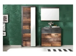Juego de muebles de entrada de 3 piezas en roble oscuro y gris con espejo Orcel
