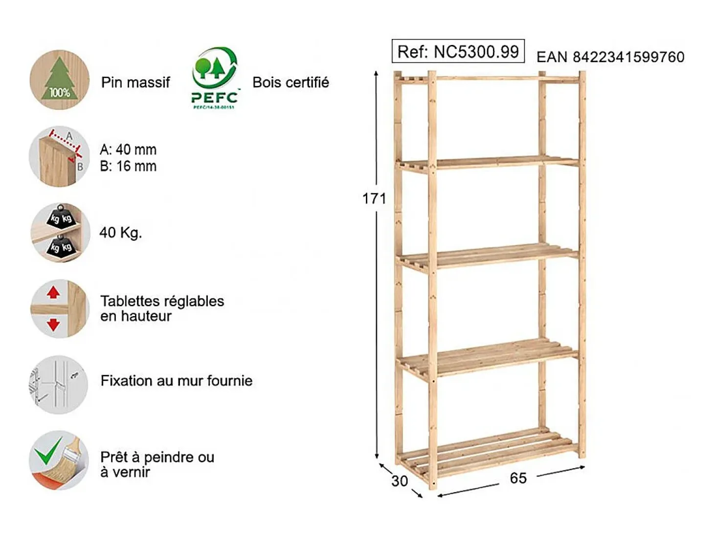 Kit de estantería profundidad 30 cm Natura 5 estantes