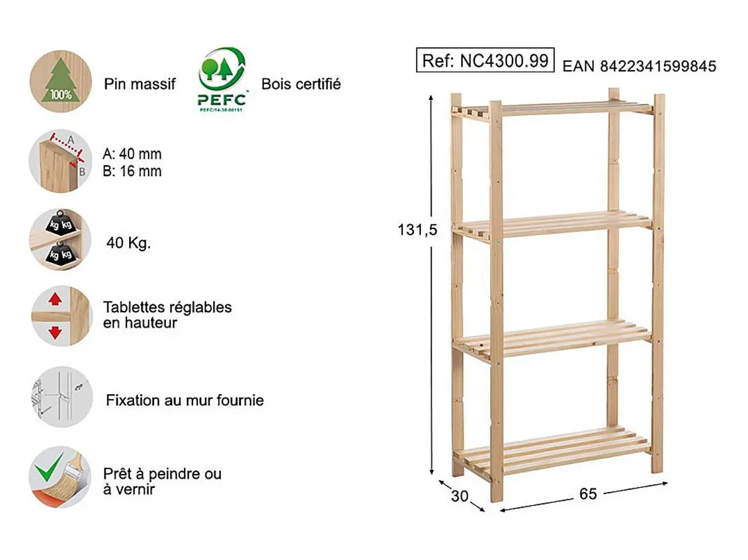 Kit de estantes profundidad 30 cm Natura 4 estantes