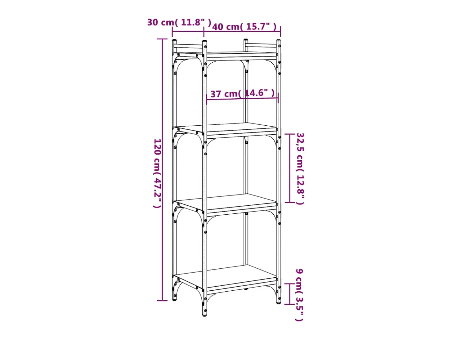 Lars Librería 4 estantes madera ingeniería roble ahumado 40x30x120cm