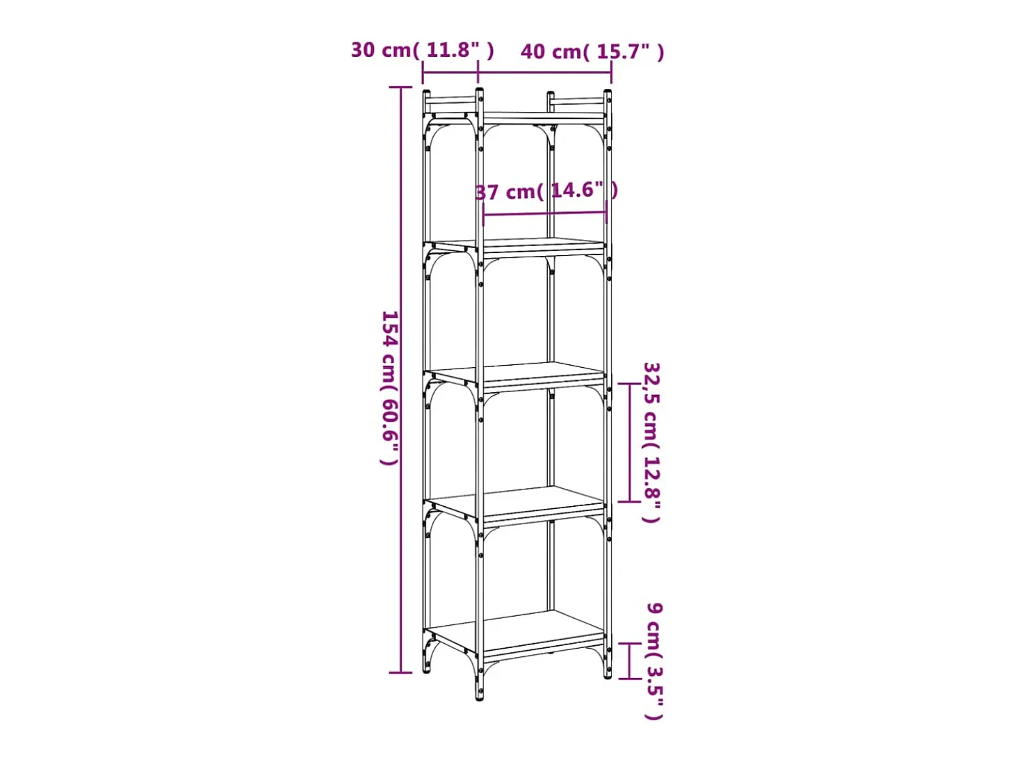 Lars Librería de 5 estantes madera de ingeniería negro 40x30x154 cm