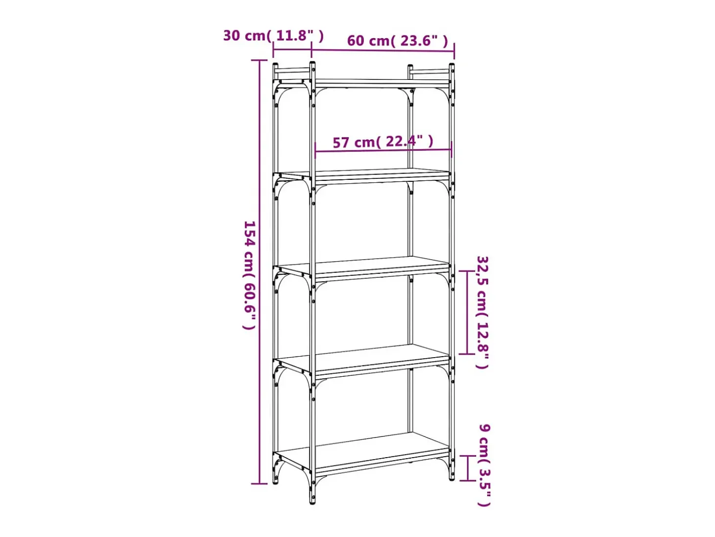 Lars Librería de 5 estantes madera de ingeniería negro 60x30x154 cm