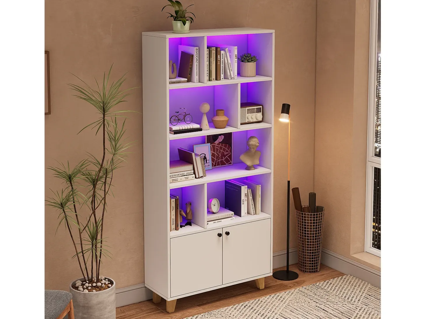 Librería 80×30×173 cm - iluminación LED de cambio de color - 2 puertas - compartimentos de almacenamiento - blanco