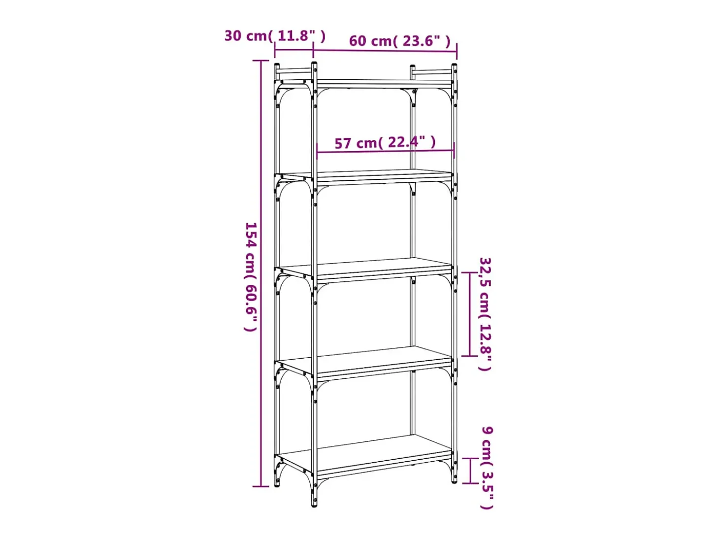Librería 5 estantes madera ingeniería roble ahumado 60x30x154cm